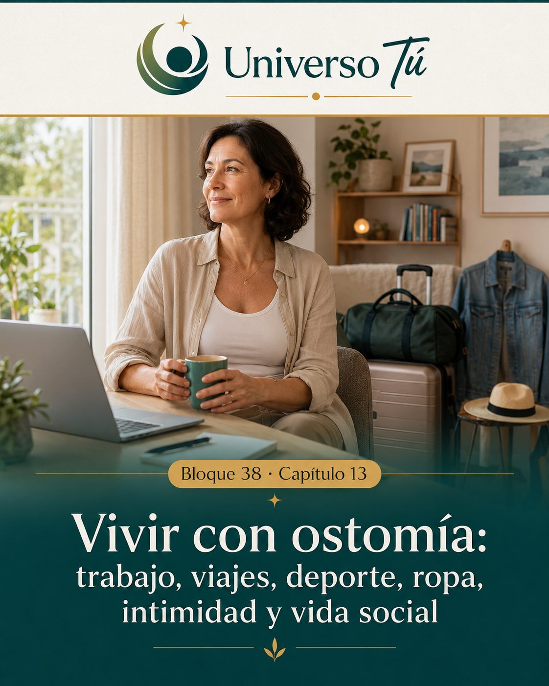 Portada del capítulo 13, Vivir con ostomía: trabajo, viajes, deporte, ropa, intimidad y vida social, del bloque 38 de Universo Tú sobre las ostomías