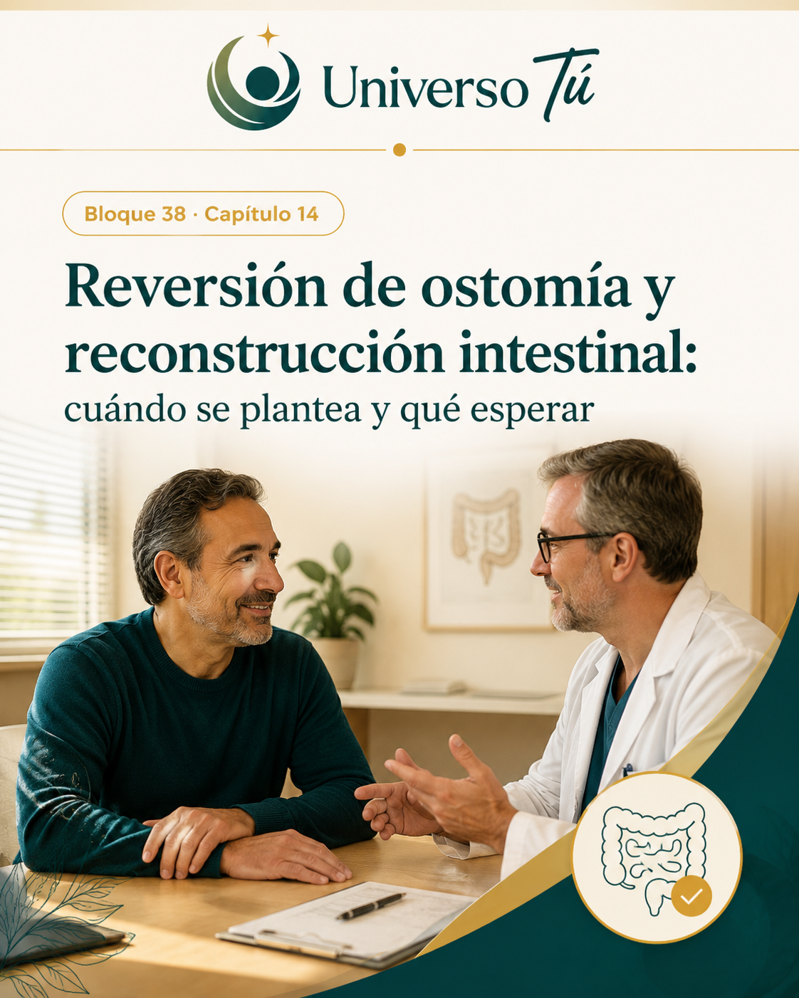 Portada del capítulo 14, Reversión de ostomía y reconstrucción intestinal: cuándo se plantea y qué esperar, del bloque 38 de Universo Tú sobre las ostomías
