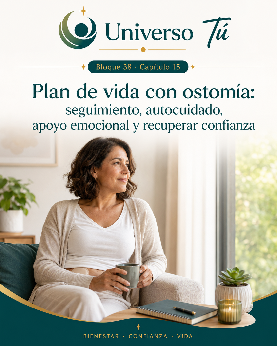 Portada del capítulo 15, Plan de vida con ostomía: seguimiento, autocuidado, apoyo emocional y recuperar confianza, del bloque 38 de Universo Tú sobre las ostomías