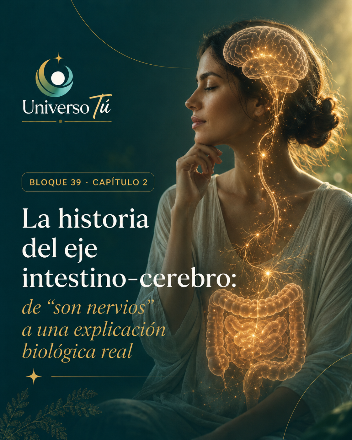 Portada del capítulo 2, La historia del eje intestino-cerebro: de “son nervios” a una explicación biológica real, del bloque 39 de Universo Tú sobre el eje intestino-cerebro