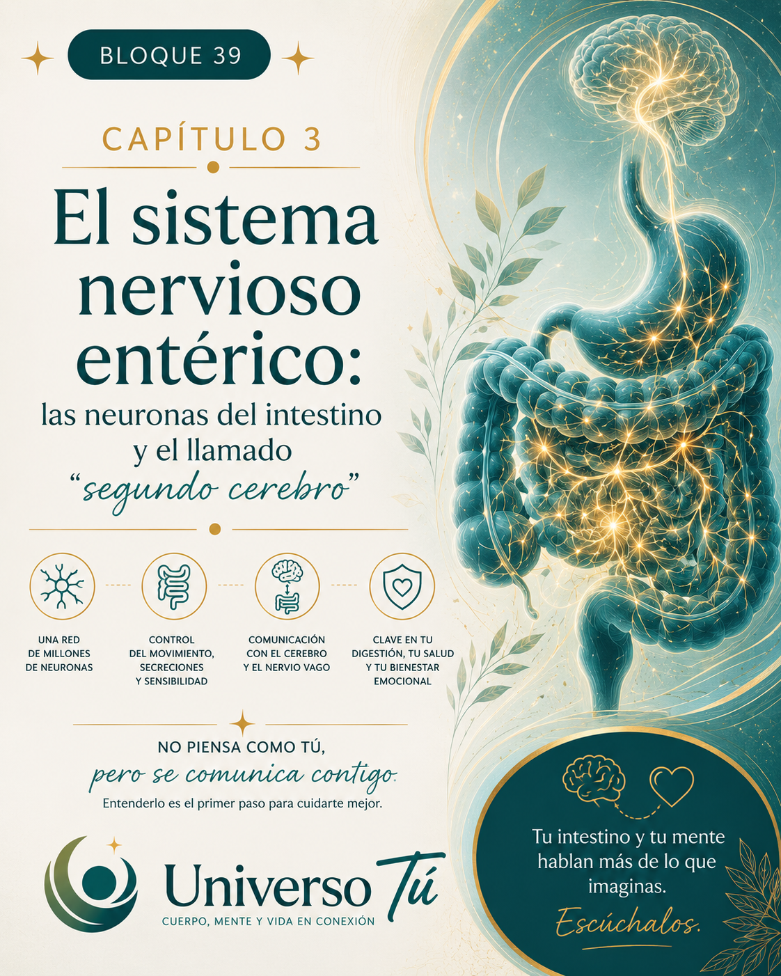 Portada del capítulo 3, El sistema nervioso entérico: las neuronas del intestino y el llamado “segundo cerebro”, del bloque 39 de Universo Tú sobre el eje intestino-cerebro