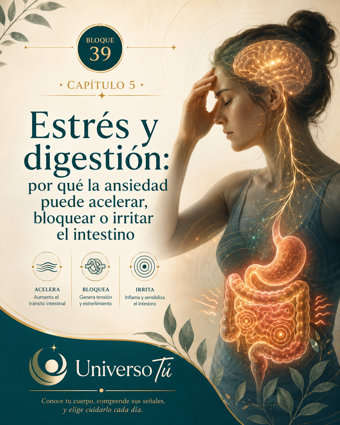 Portada del capítulo 5, Estrés y digestión: por qué la ansiedad puede acelerar, bloquear o irritar el intestino, del bloque 39 de Universo Tú sobre el eje intestino-cerebro