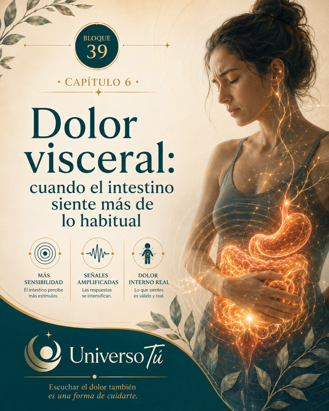 Portada del capítulo 6, Dolor visceral: cuando el intestino siente más de lo habitual, del bloque 39 de Universo Tú sobre el eje intestino-cerebro