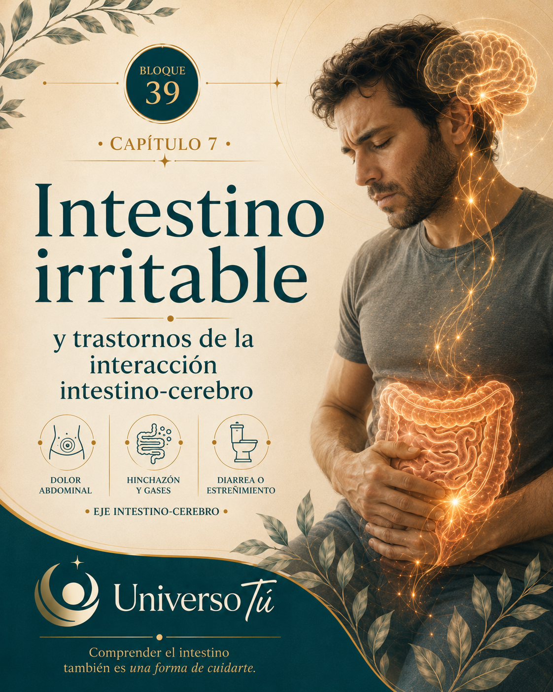 Portada del capítulo 7, Intestino irritable y trastornos de la interacción intestino-cerebro, del bloque 39 de Universo Tú sobre el eje intestino-cerebro
