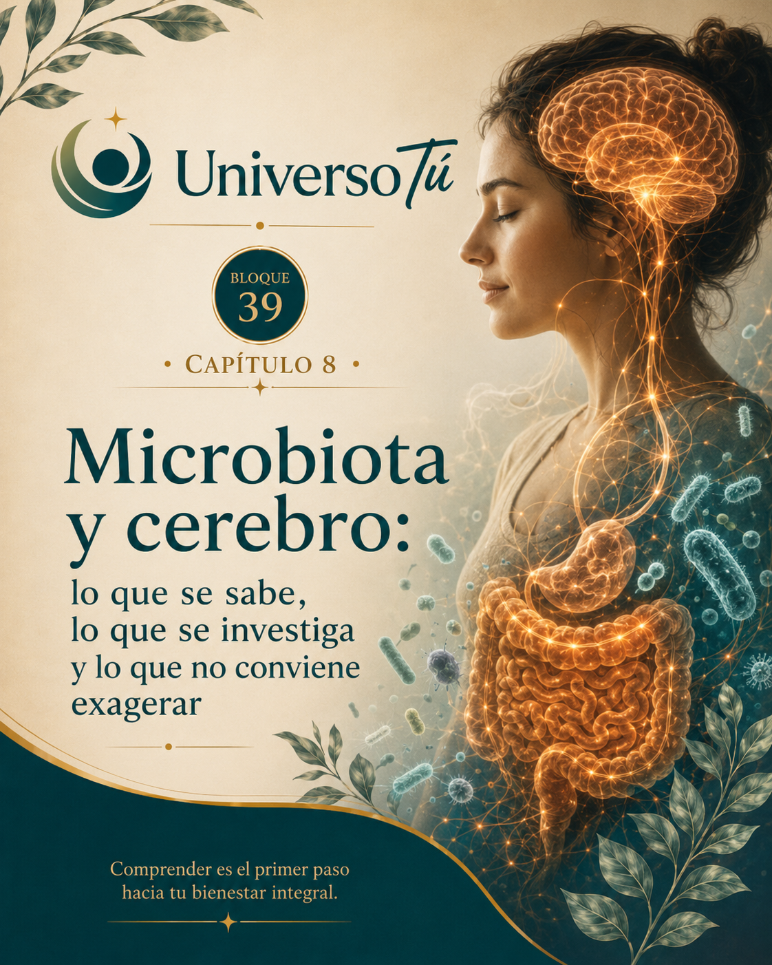 Portada del capítulo 8, Microbiota y cerebro: lo que se sabe, lo que se investiga y lo que no conviene exagerar, del bloque 39 de Universo Tú sobre el eje intestino-cerebro