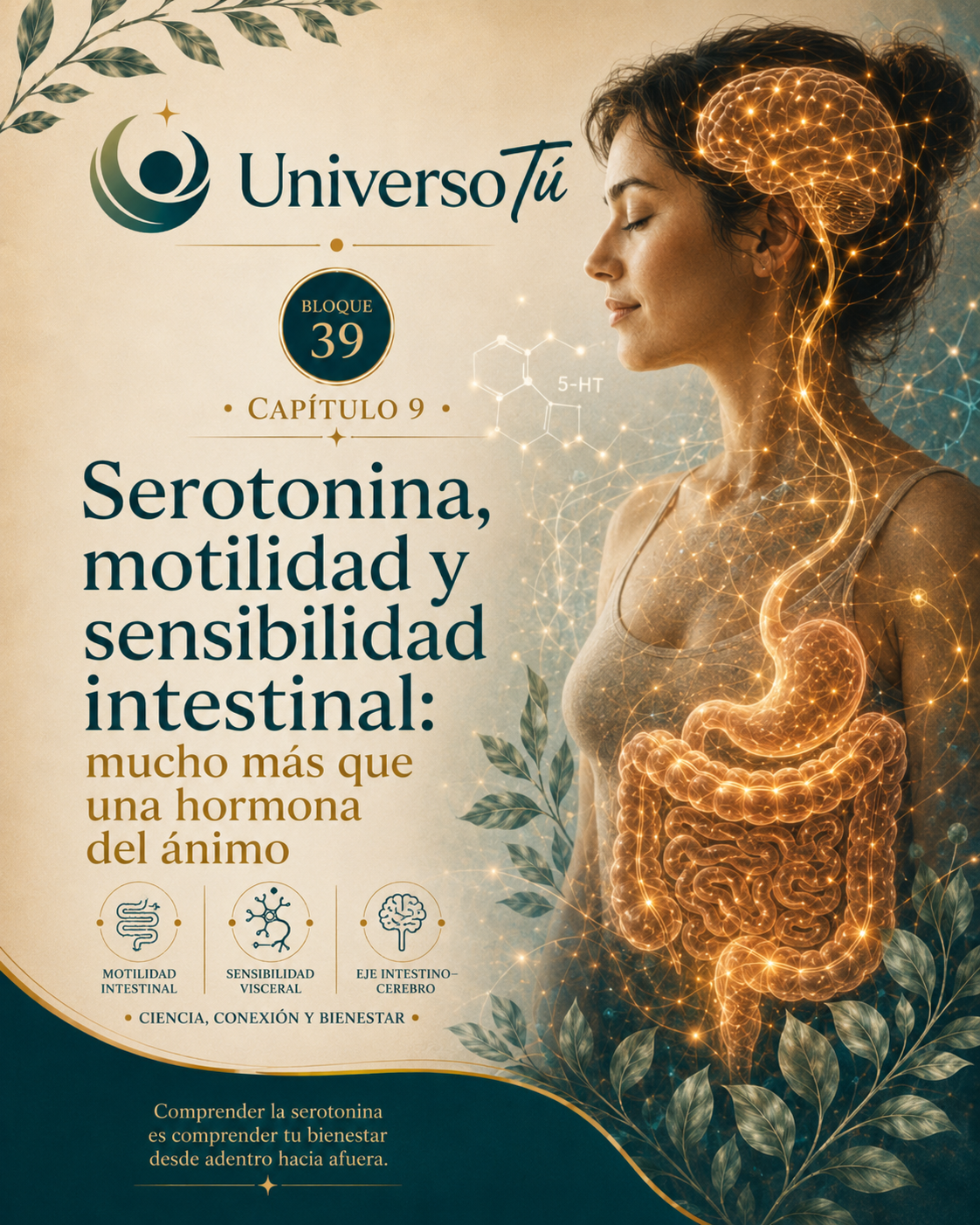 Portada del capítulo 9, Serotonina, motilidad y sensibilidad intestinal: mucho más que una hormona del ánimo, del bloque 39 de Universo Tú sobre el eje intestino-cerebro
