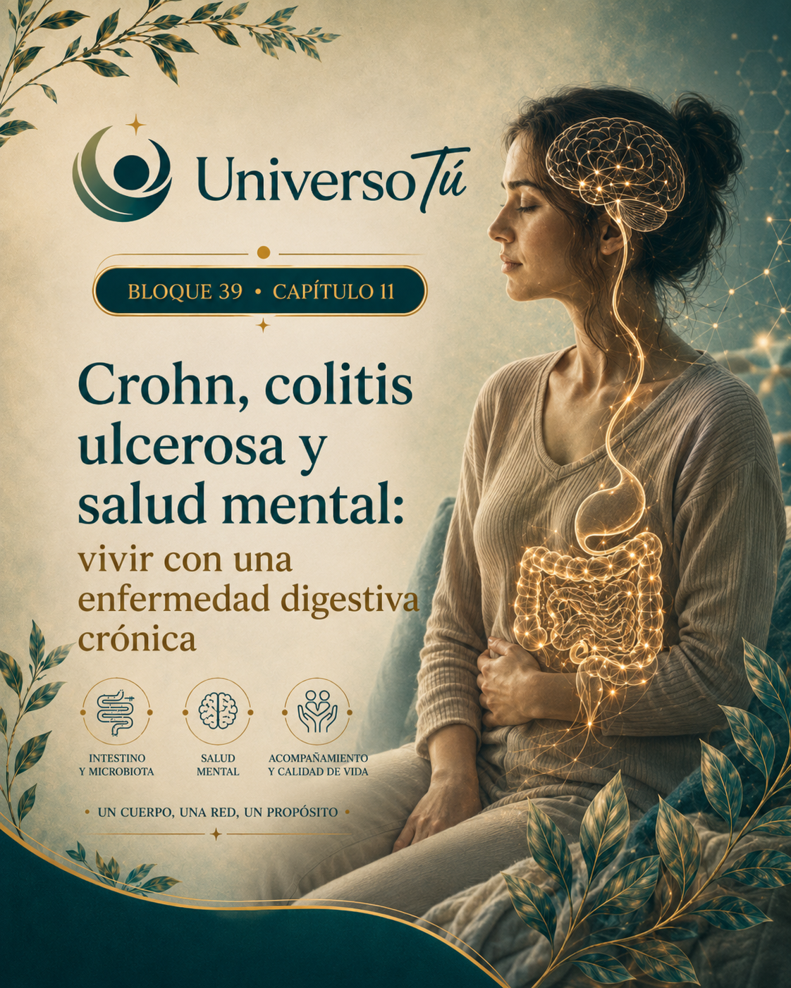 Portada del capítulo 11, Crohn, colitis ulcerosa y salud mental: vivir con una enfermedad digestiva crónica, del bloque 39 de Universo Tú sobre el eje intestino-cerebro