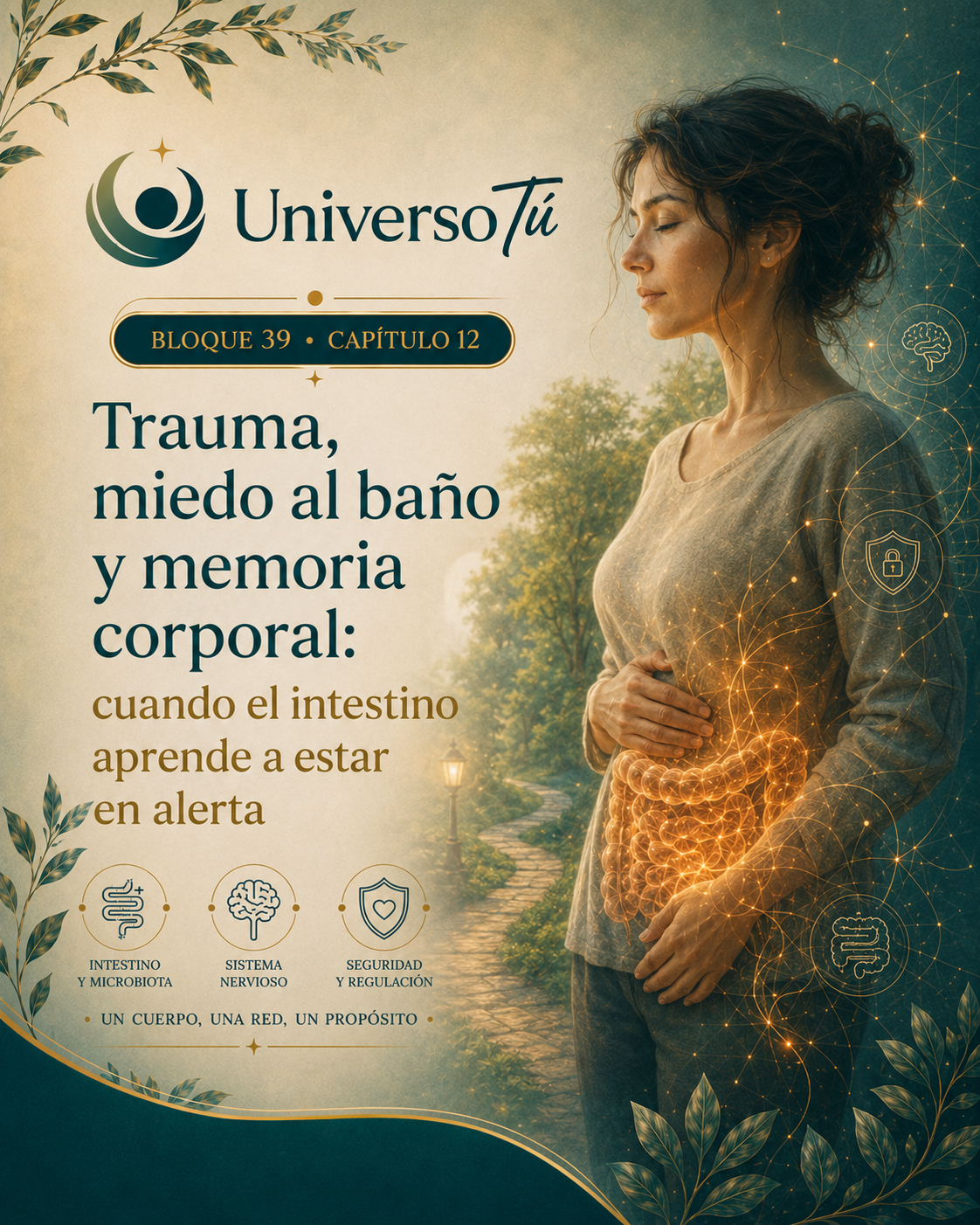 Portada del capítulo 12, Trauma, miedo al baño y memoria corporal: cuando el intestino aprende a estar en alerta, del bloque 39 de Universo Tú sobre el eje intestino-cerebro