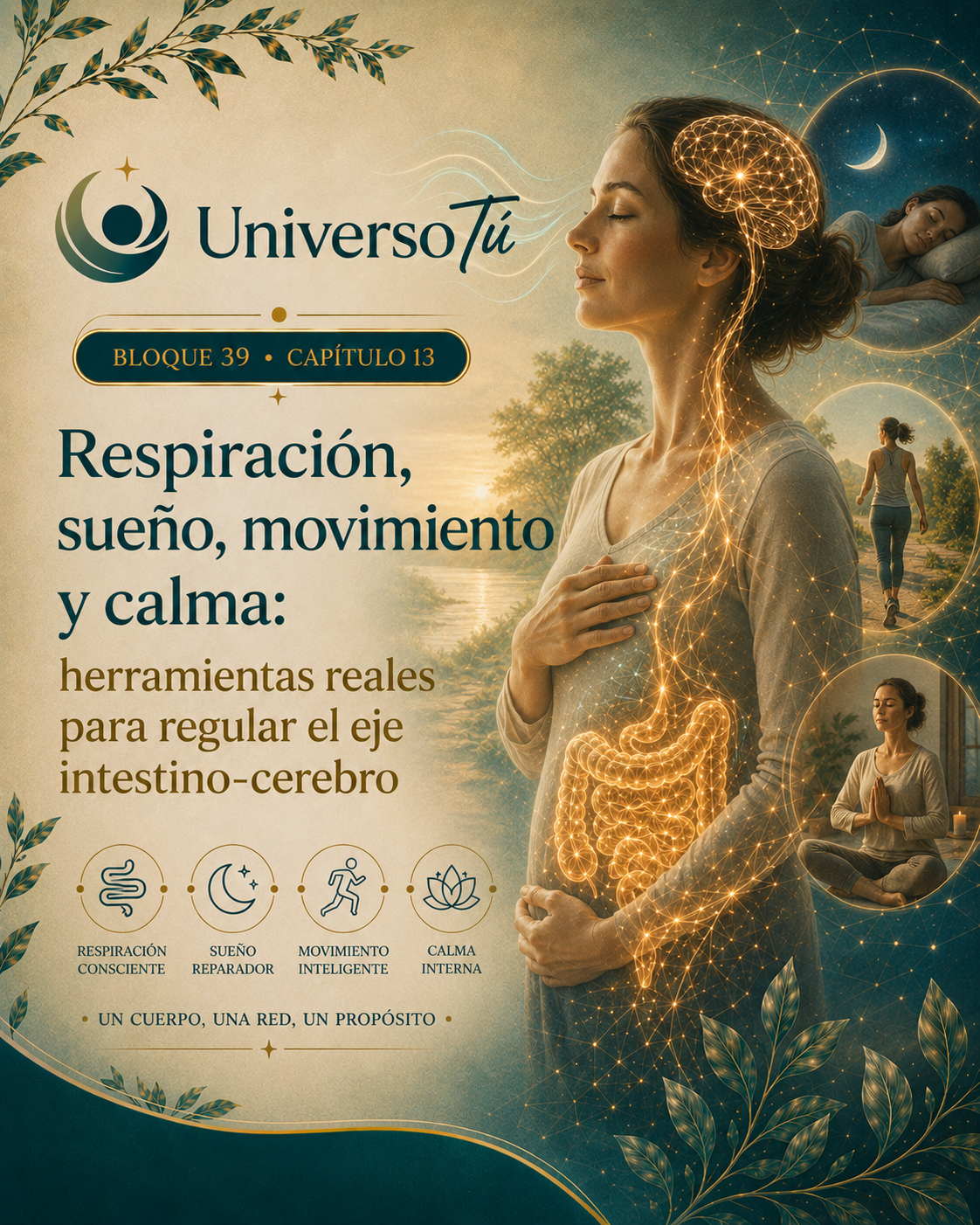 Portada del capítulo 13, Respiración, sueño, movimiento y calma: herramientas reales para regular el eje intestino-cerebro, del bloque 39 de Universo Tú sobre el eje intestino-cerebro