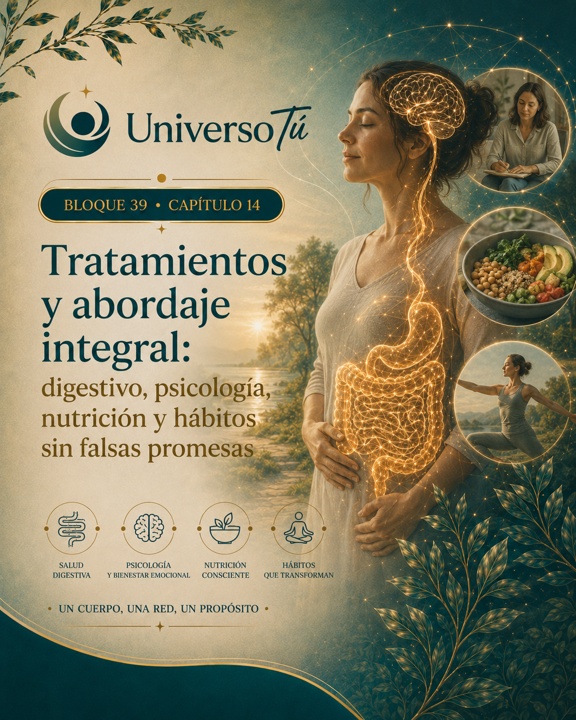 Portada del capítulo 14, Tratamientos y abordaje integral: digestivo, psicología, nutrición y hábitos sin falsas promesas, del bloque 39 de Universo Tú sobre el eje intestino-cerebro
