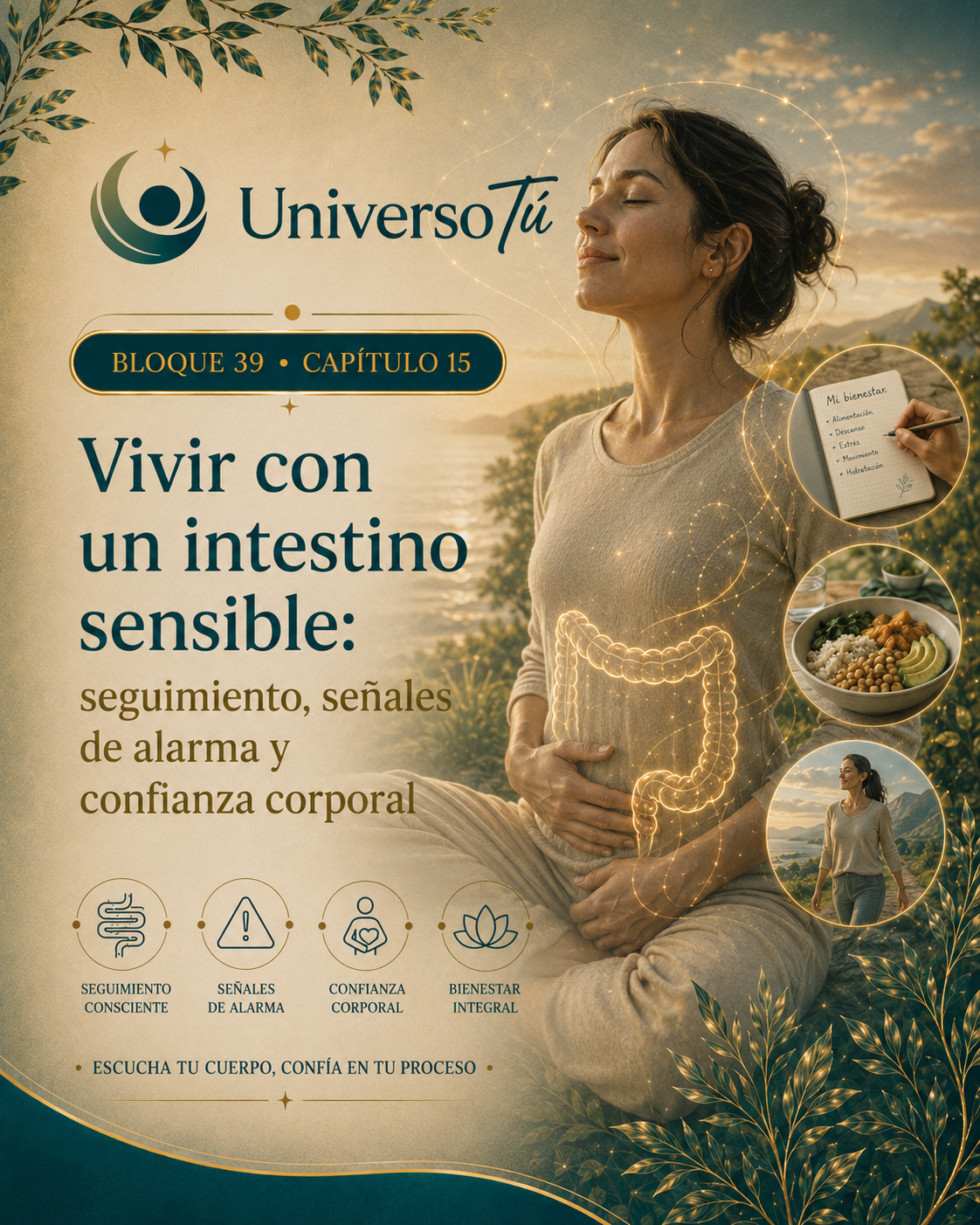 Portada del capítulo 15, Vivir con un intestino sensible: seguimiento, señales de alarma y confianza corporal, del bloque 39 de Universo Tú sobre el eje intestino-cerebro