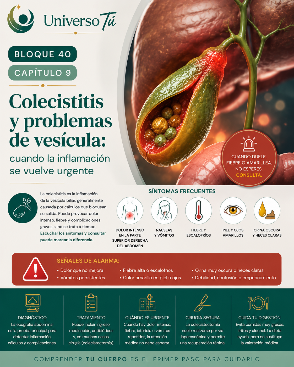 Portada del capítulo 9, Colecistitis y problemas de vesícula: cuando la inflamación se vuelve urgente, del bloque 40 de Universo Tú sobre hígado, vesícula y páncreas