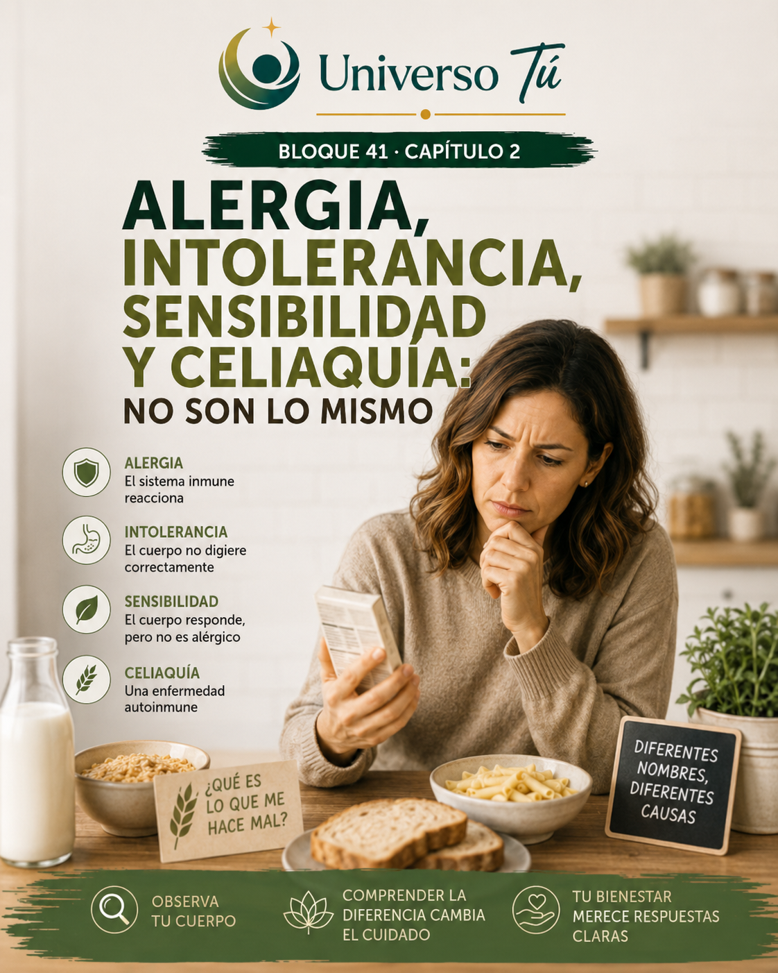 Portada del capítulo 2, Alergia, intolerancia, sensibilidad y celiaquía: no son lo mismo, del bloque 41 de Universo Tú sobre intolerancias, celiaquía y vida sin gluten