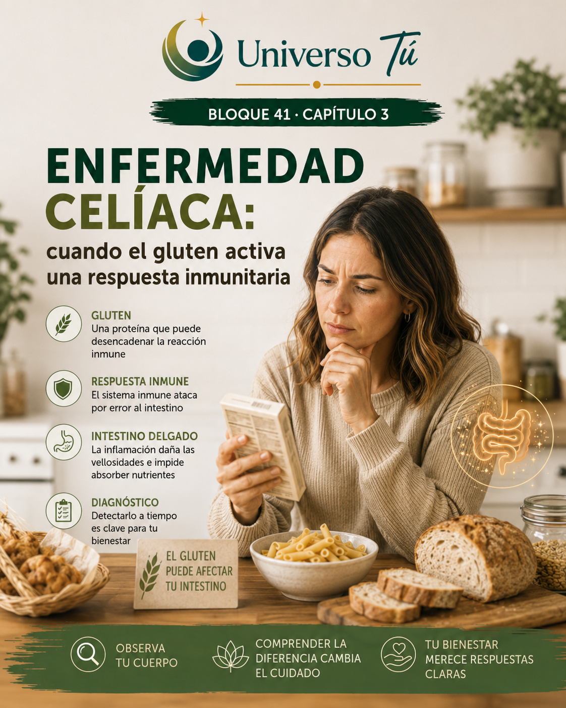 Portada del capítulo 3, Enfermedad celíaca: cuando el gluten activa una respuesta inmunitaria, del bloque 41 de Universo Tú sobre intolerancias, celiaquía y vida sin gluten