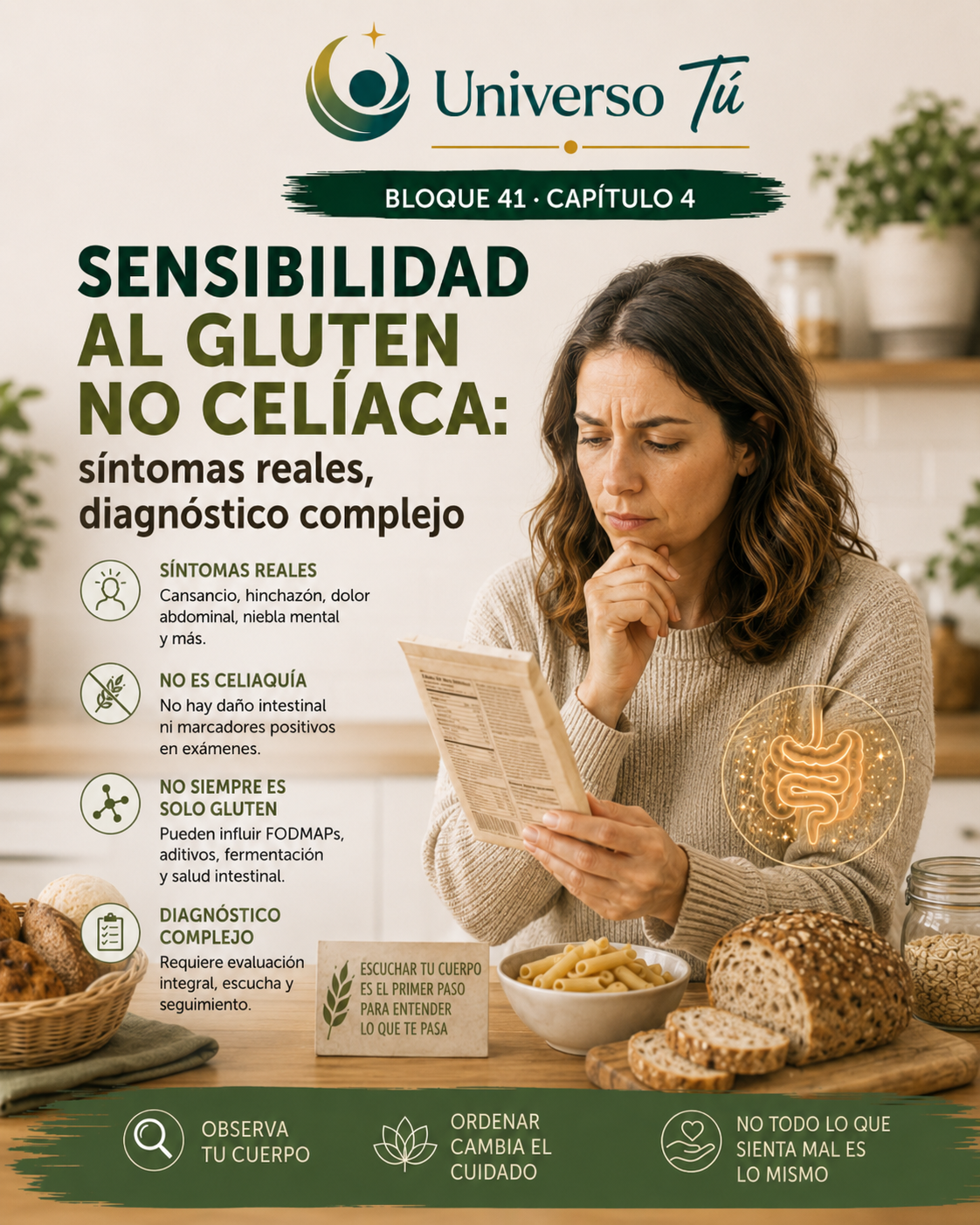 Portada del capítulo 4, Sensibilidad al gluten no celíaca: síntomas reales, diagnóstico complejo, del bloque 41 de Universo Tú sobre intolerancias, celiaquía y vida sin gluten