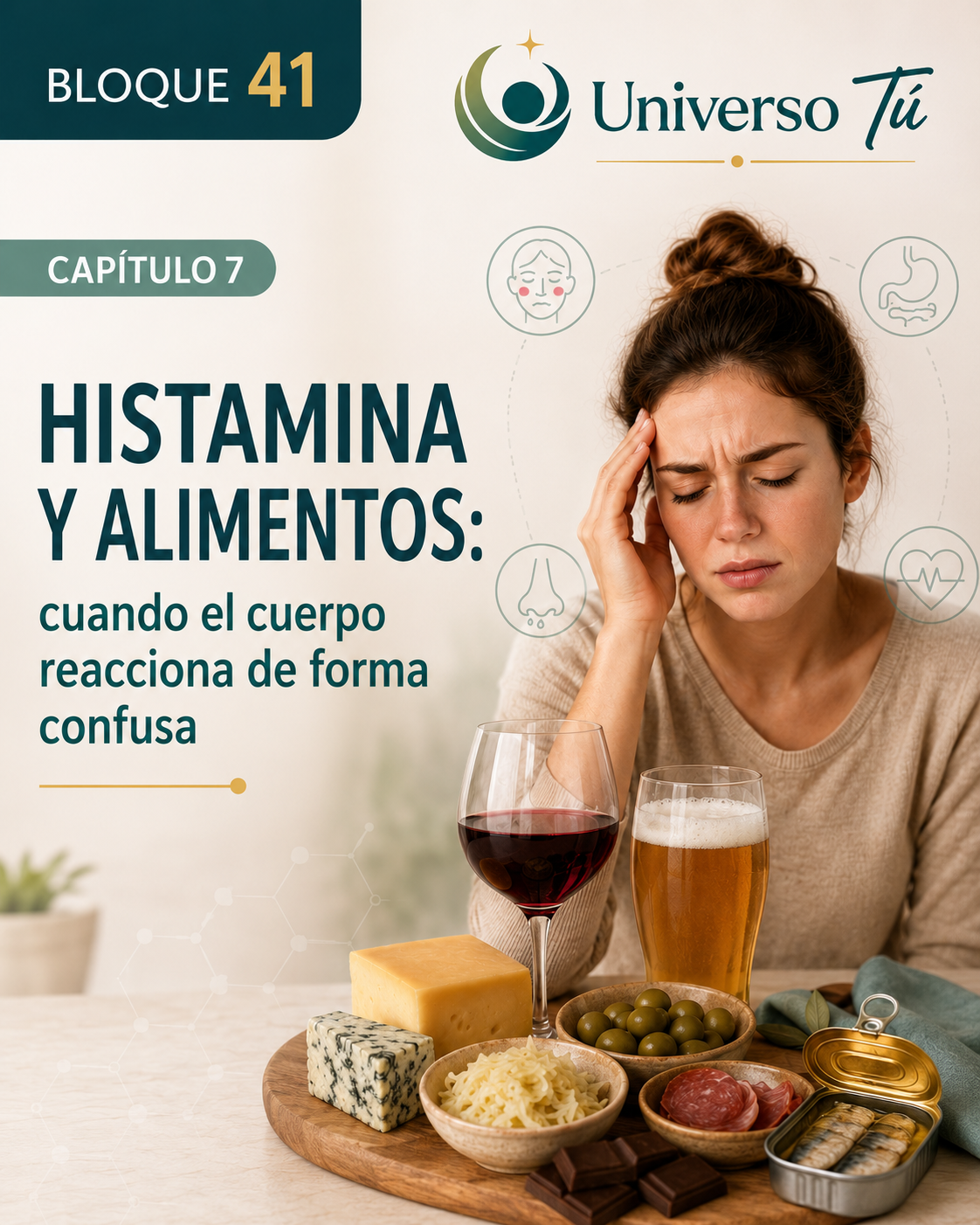 Portada del capítulo 7, Histamina y alimentos: cuando el cuerpo reacciona de forma confusa, del bloque 41 de Universo Tú sobre intolerancias, celiaquía y vida sin gluten
