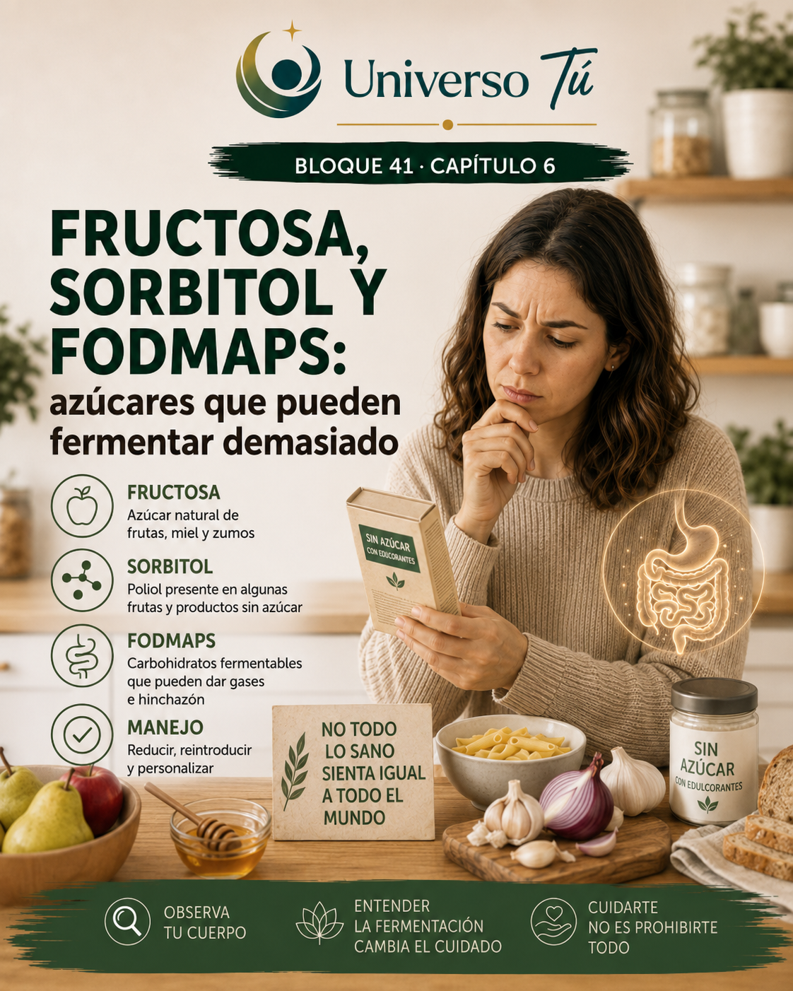 Portada del capítulo 6, Fructosa, sorbitol y FODMAPs: azúcares que pueden fermentar demasiado, del bloque 41 de Universo Tú sobre intolerancias, celiaquía y vida sin gluten