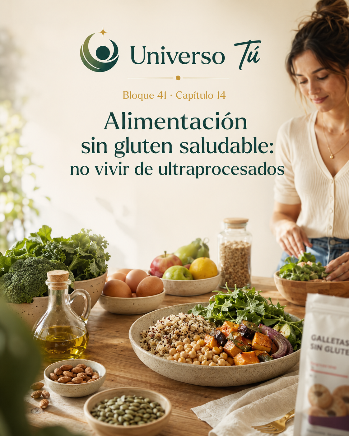 Portada del capítulo 14, Alimentación sin gluten saludable: no vivir de ultraprocesados, del bloque 41 de Universo Tú sobre intolerancias, celiaquía y vida sin gluten