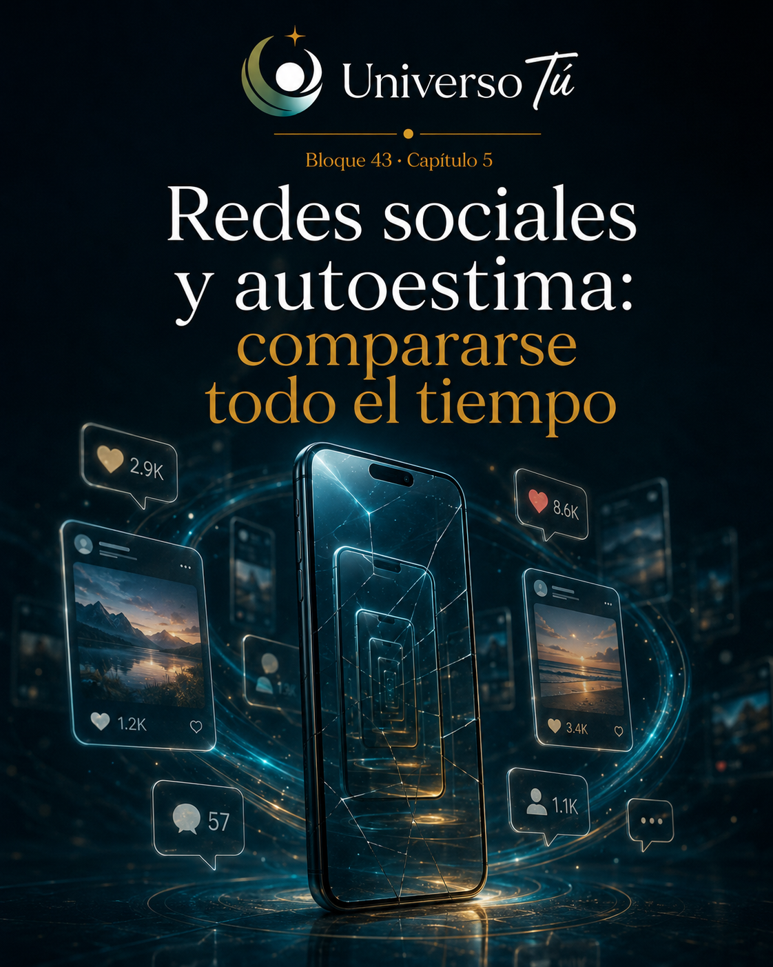 Adolescente frente al espejo con el móvil, portada del capítulo sobre redes sociales y autoestima.