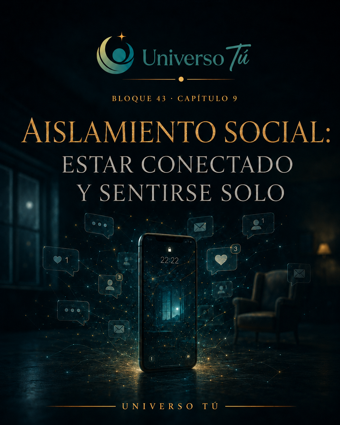 Joven solo con el móvil rodeado de conversaciones digitales, portada del capítulo sobre aislamiento social.