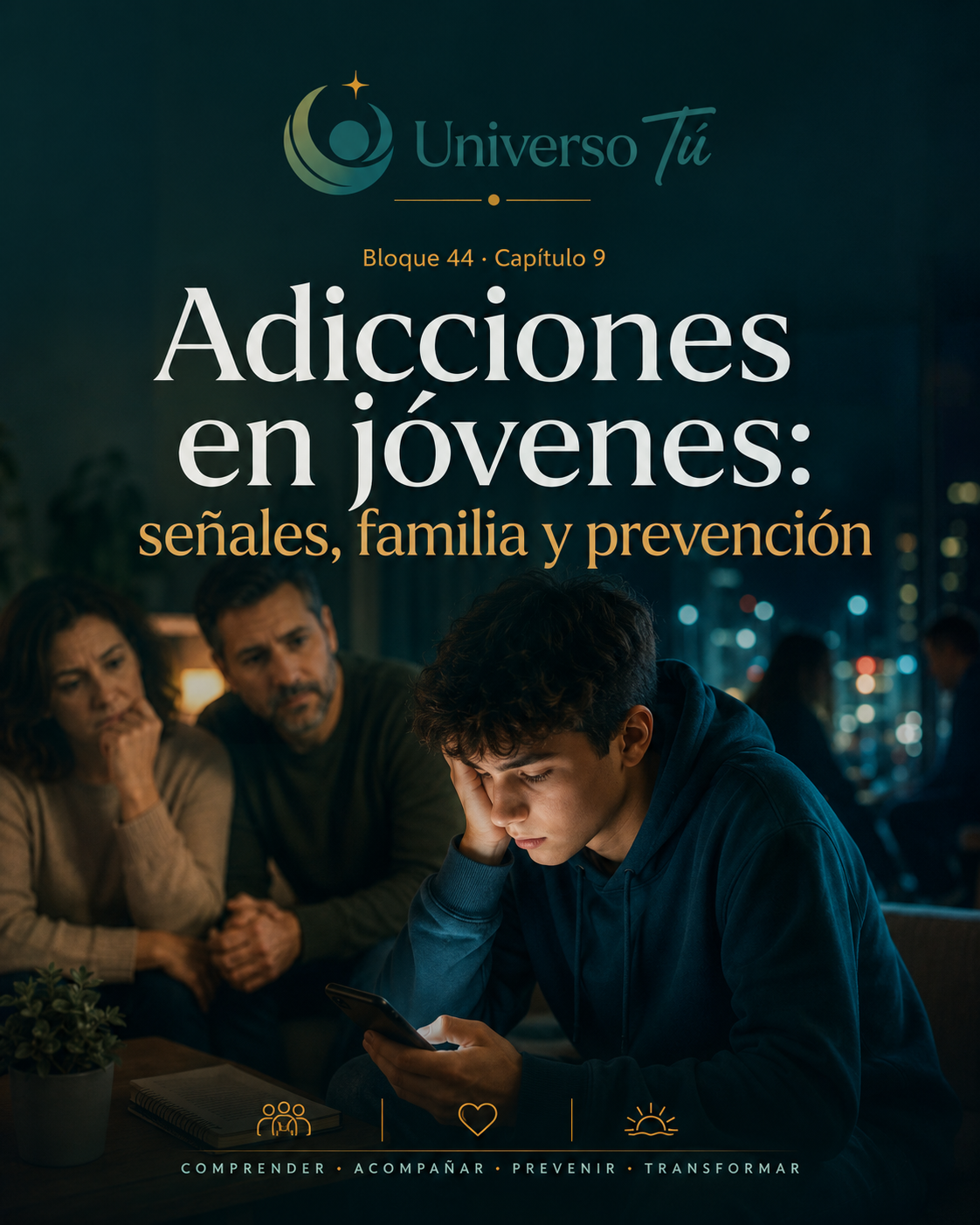 Familia conversando con un joven sobre consumo y conductas de riesgo sin culpabilizar