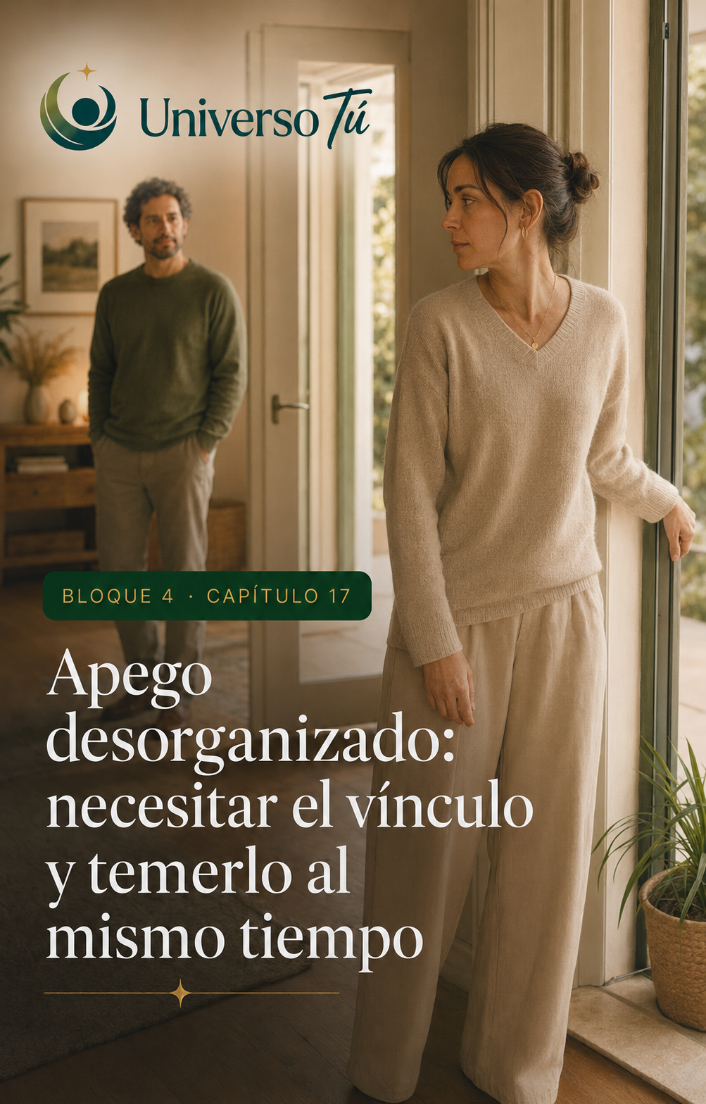 Portada del capítulo «Apego desorganizado: necesitar el vínculo y temerlo al mismo tiempo» del Bloque 4, Vínculos y apegos, de Universo Tú.