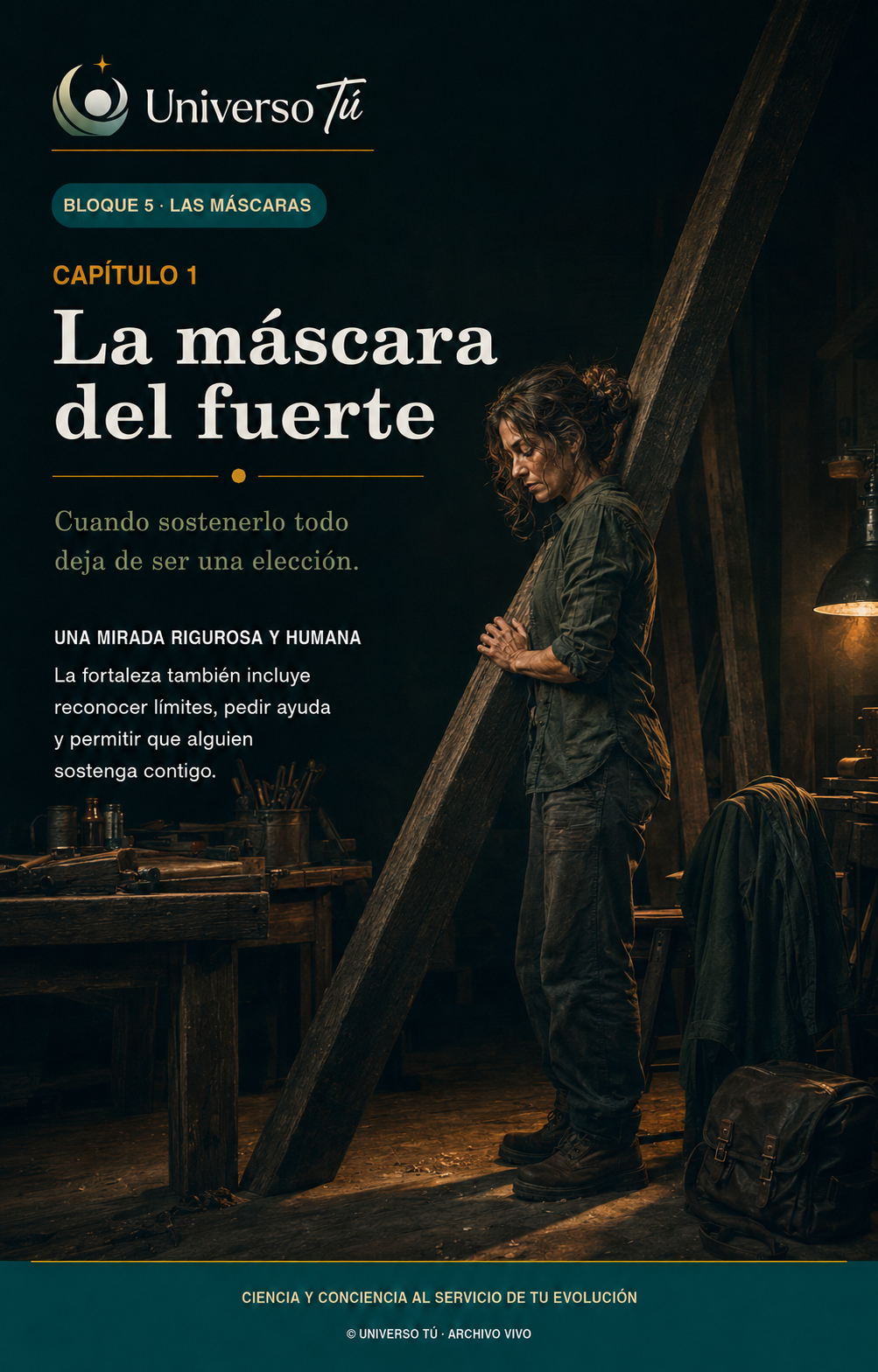 Portada del capítulo 1 «La máscara del fuerte» de Universo Tú: una mujer sostiene sola una viga de madera en un taller en penumbra.