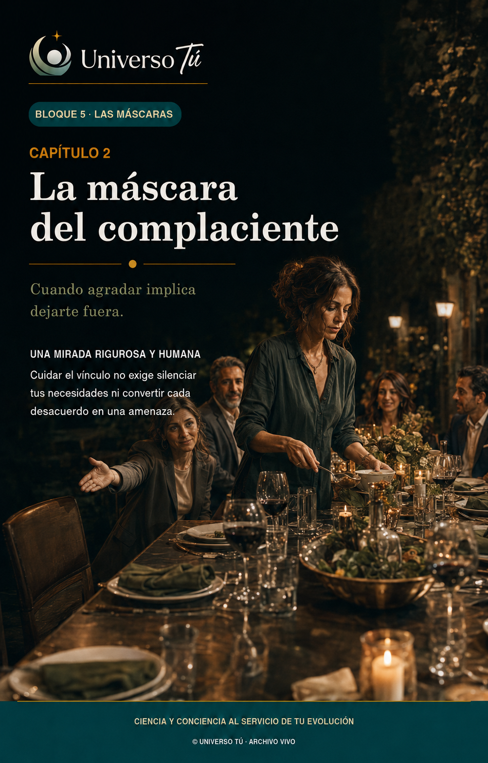 Portada del capítulo 2 «La máscara del complaciente» de Universo Tú: una mujer sirve la cena de pie en una mesa larga rodeada de invitados.