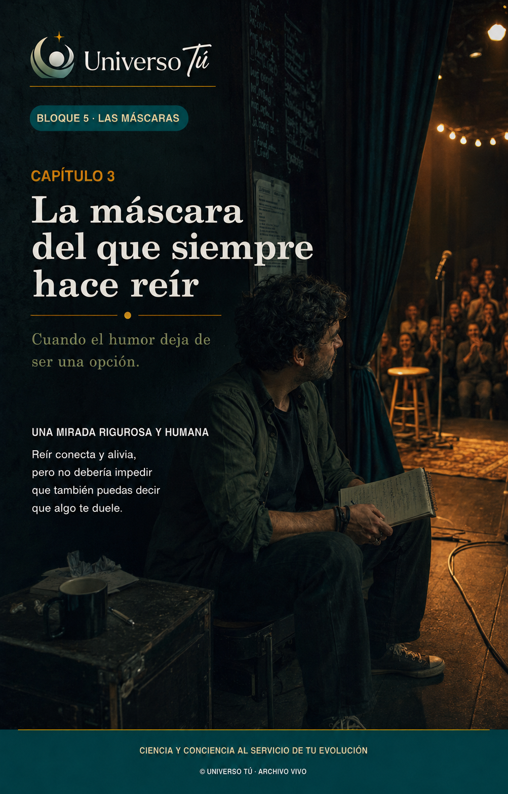 Portada del capítulo 3 «La máscara del que siempre hace reír» de Universo Tú: un humorista serio espera entre bambalinas con su cuaderno mientras el público aplaude.