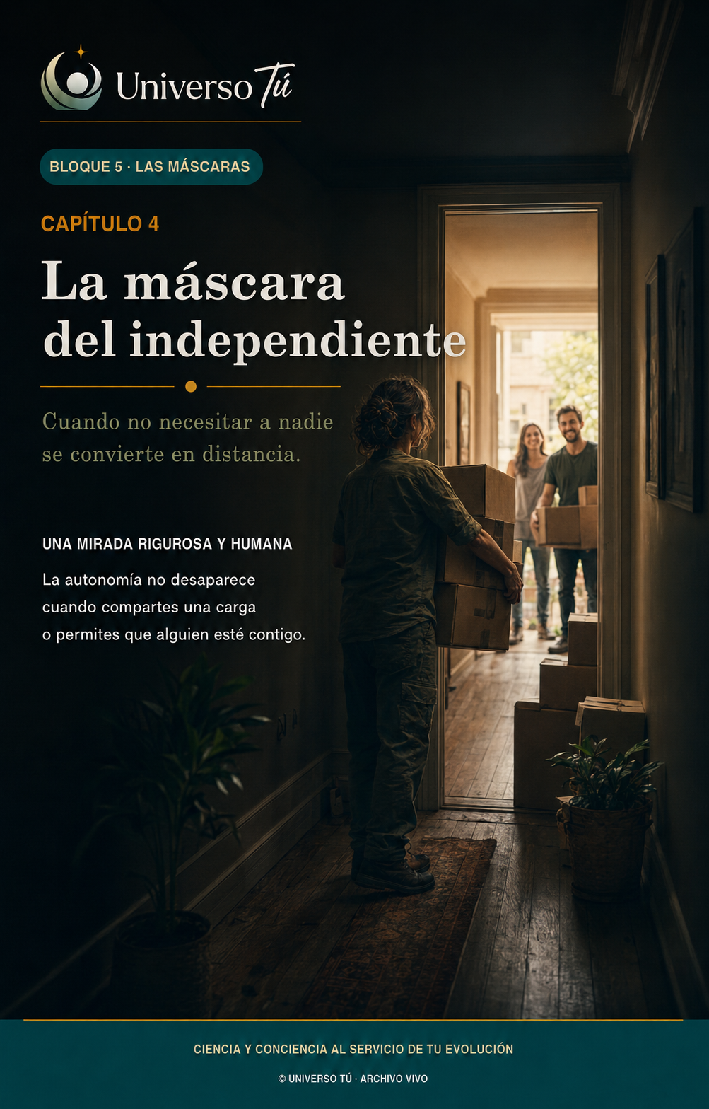 Portada del capítulo 4 «La máscara del independiente» de Universo Tú: una persona carga sola varias cajas en un pasillo mientras dos amigos se ofrecen a ayudar desde la puerta.