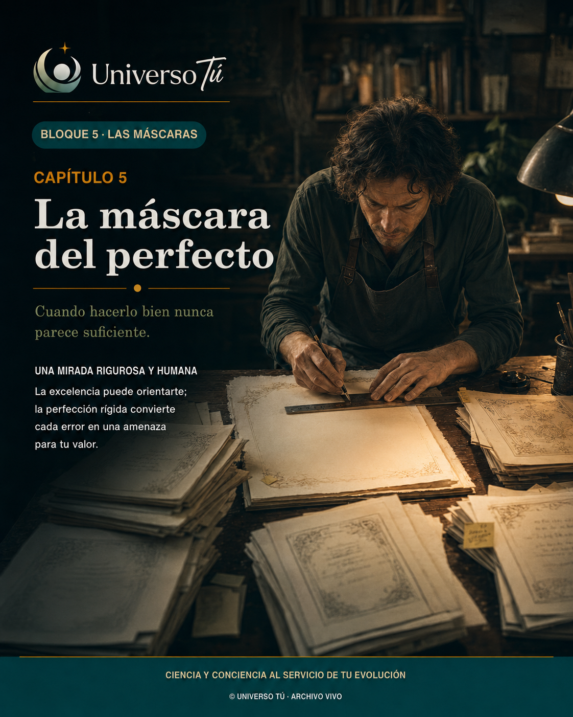 Portada del capítulo 5 «La máscara del perfecto» de Universo Tú: un hombre repasa con regla y lápiz láminas repetidas sobre una mesa de trabajo iluminada.