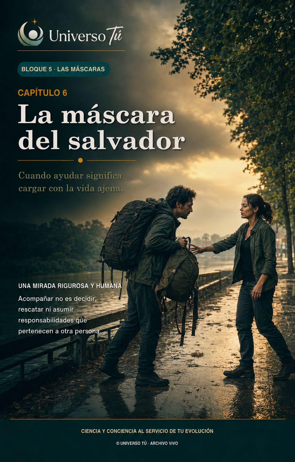 Portada del capítulo 6 «La máscara del salvador» de Universo Tú: un hombre cargado de mochilas recibe la mano de una mujer en un paseo lluvioso al amanecer.