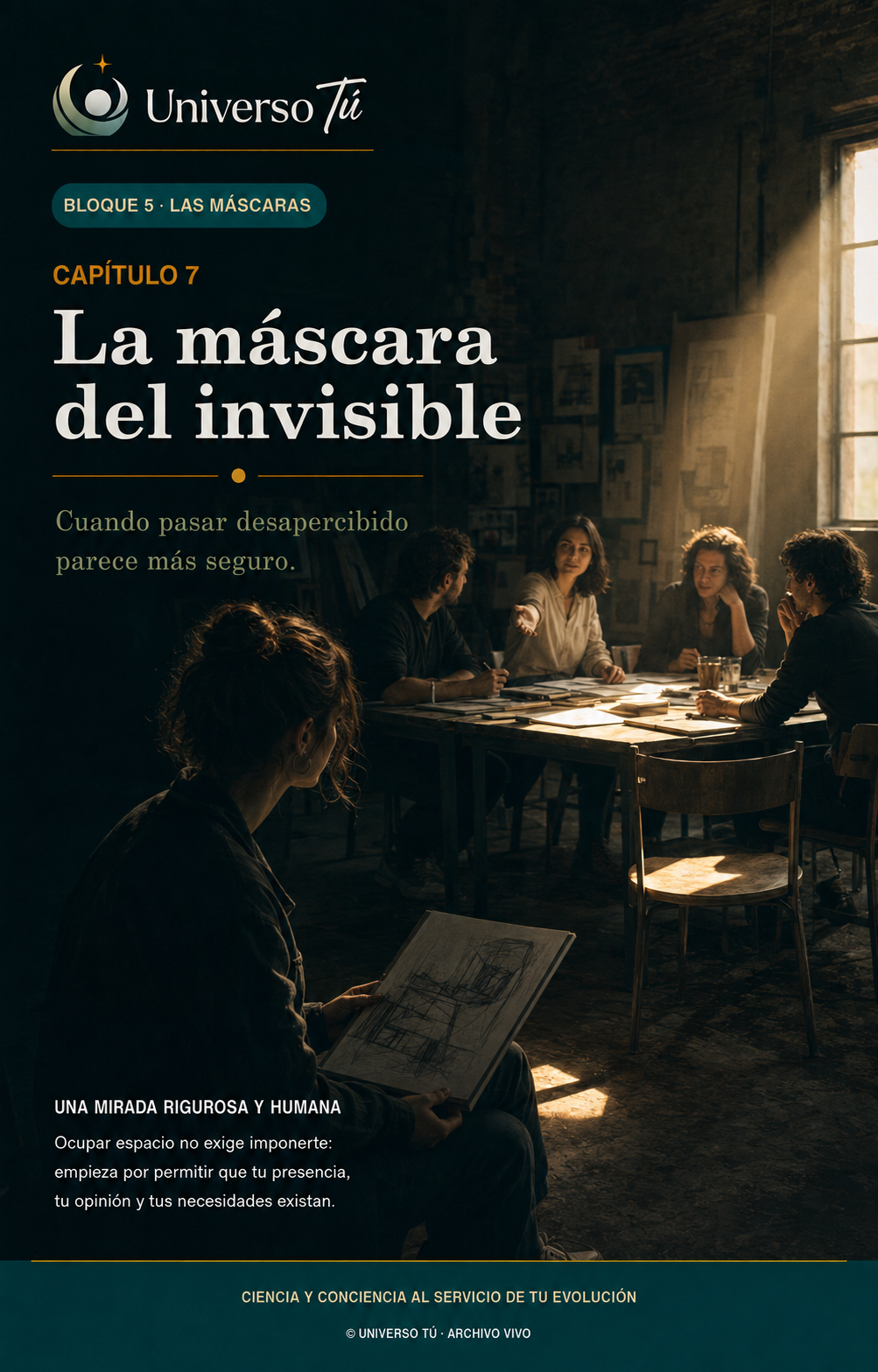 Portada del capítulo 7 «La máscara del invisible» de Universo Tú: una persona observa desde la penumbra, con su cuaderno, una reunión de trabajo iluminada por la ventana.