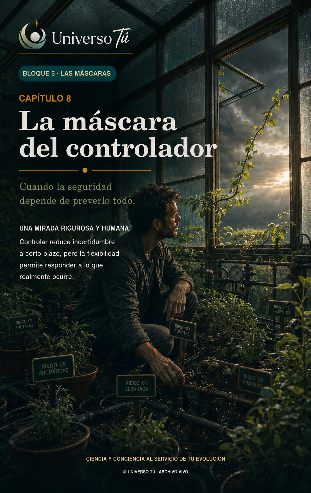 Portada del capítulo 8 «La máscara del controlador» de Universo Tú: un hombre ajusta un sistema de riego etiquetado en un invernadero mientras se abre la tormenta.