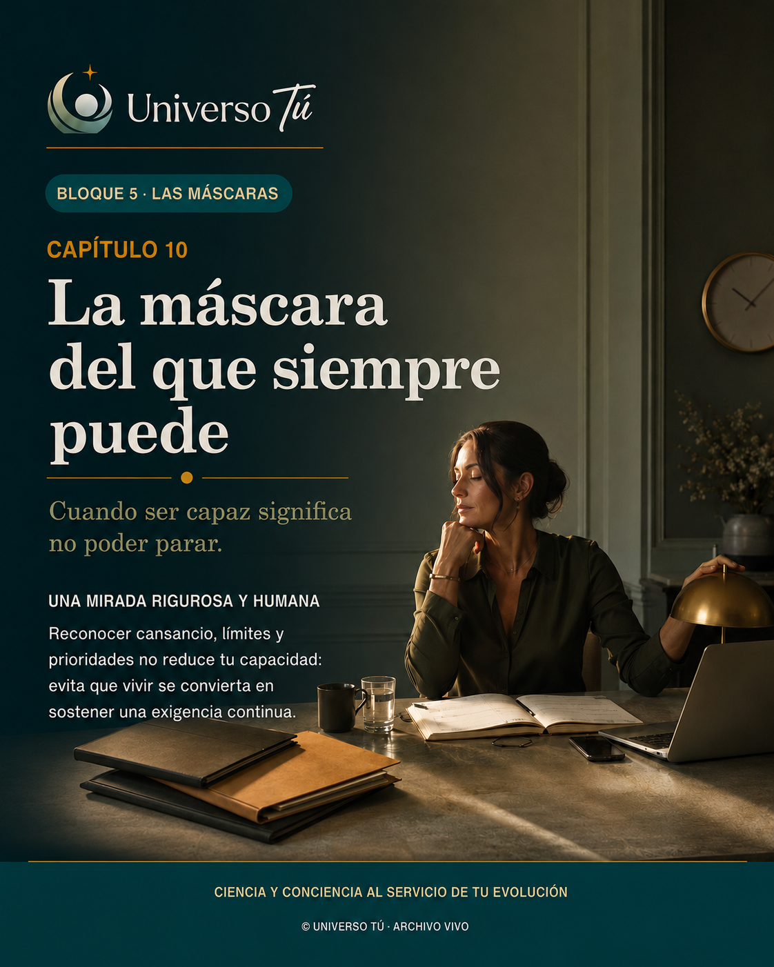 Portada del capítulo 10 «La máscara del que siempre puede» de Universo Tú: una mujer cierra los ojos un instante en su escritorio, entre agenda, portátil y tazas.