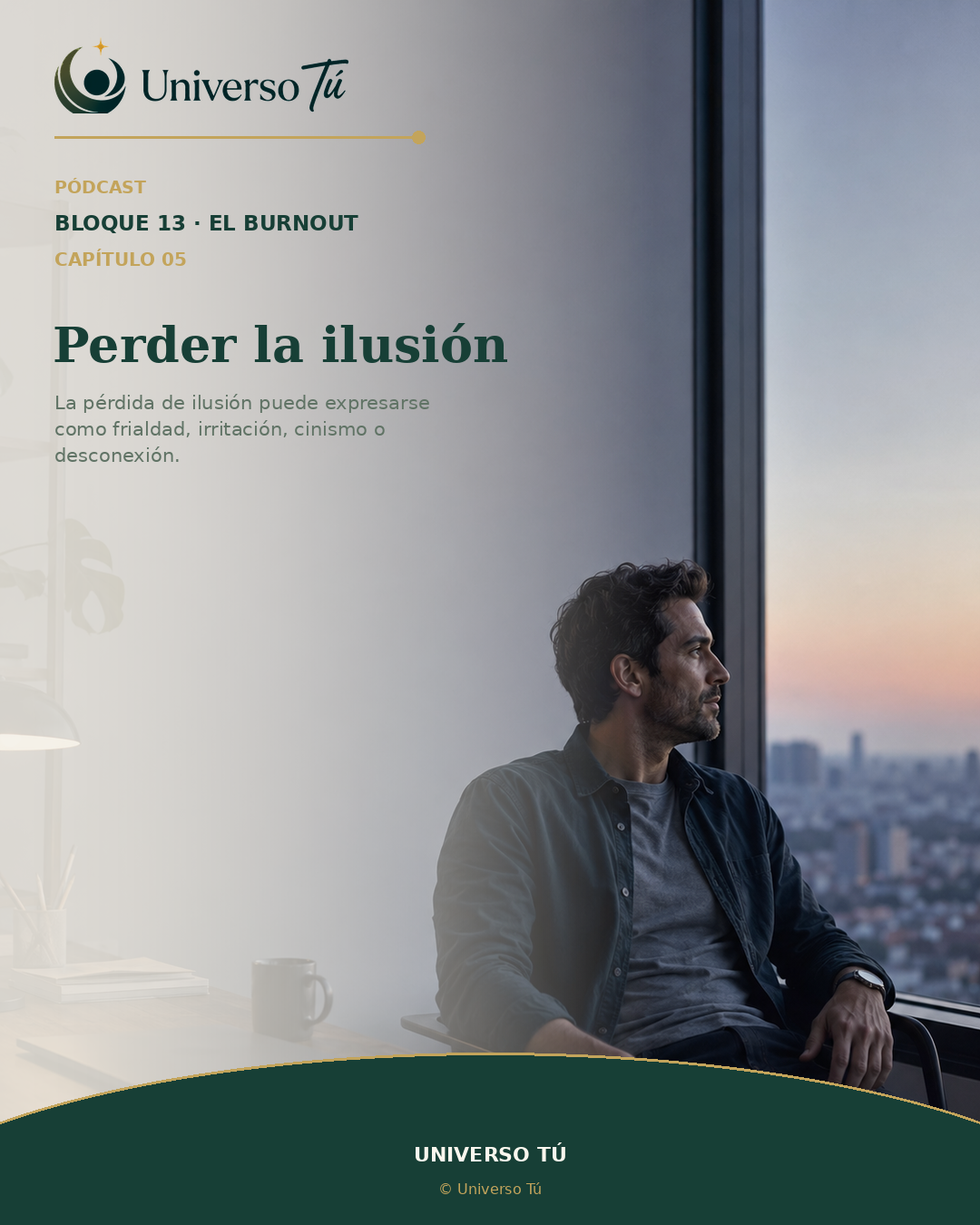 Profesional mirando por una ventana tras cerrar el ordenador con una luz suave de final de tarde