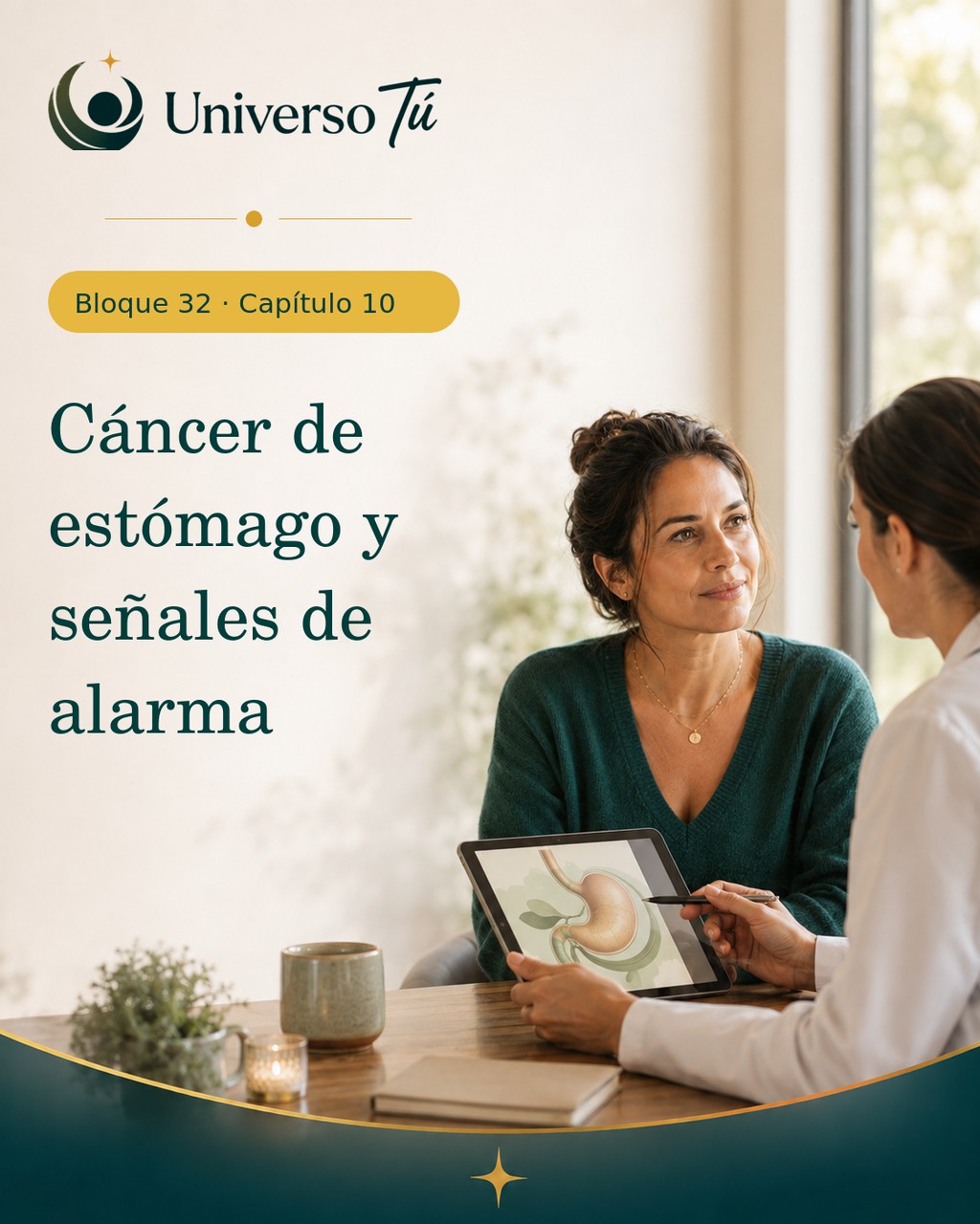 Portada del capítulo 10, Cáncer de estómago y señales de alarma, del bloque 32 de Universo Tú: profesional sanitaria explica a un paciente una ilustración del estómago