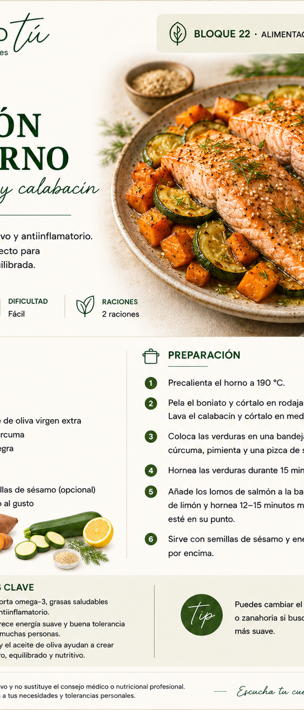 Salmon al horno con boniato y calabacín 