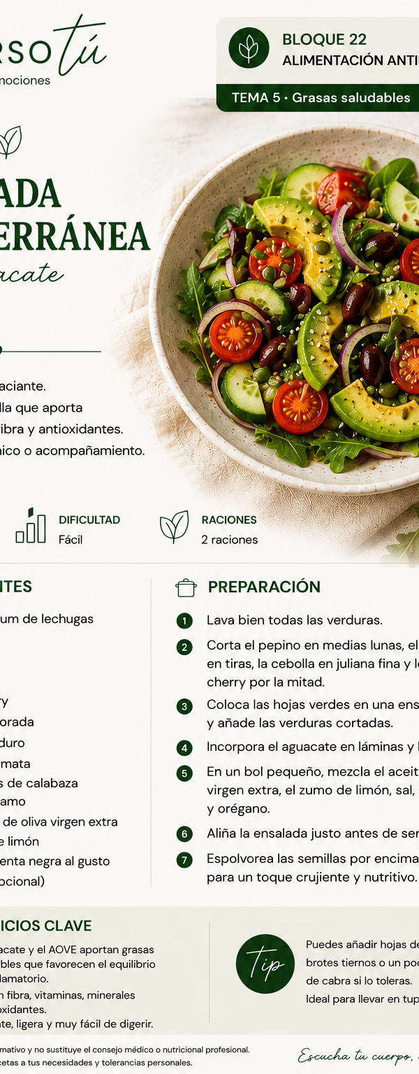 Ensalada mediterránea con aove y aguacate