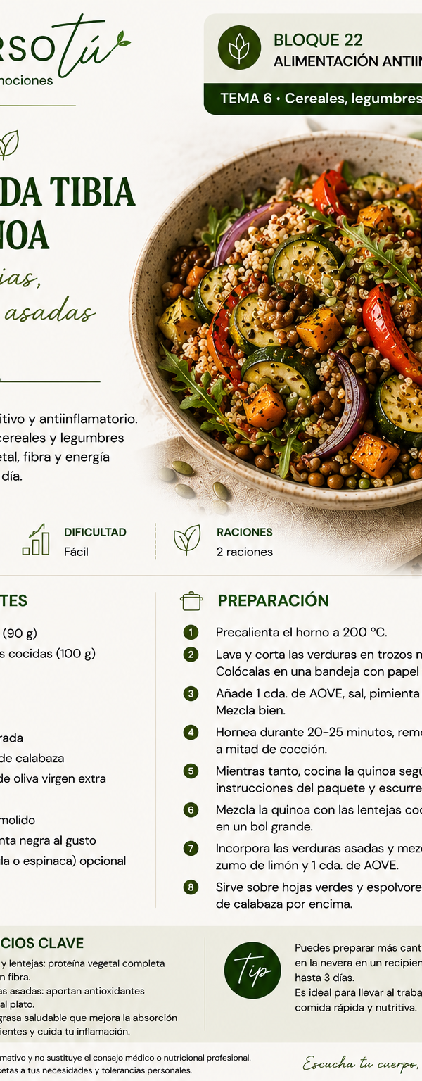 Ensalada tibia de quinoa con lentejas y verduras asadas con aove 