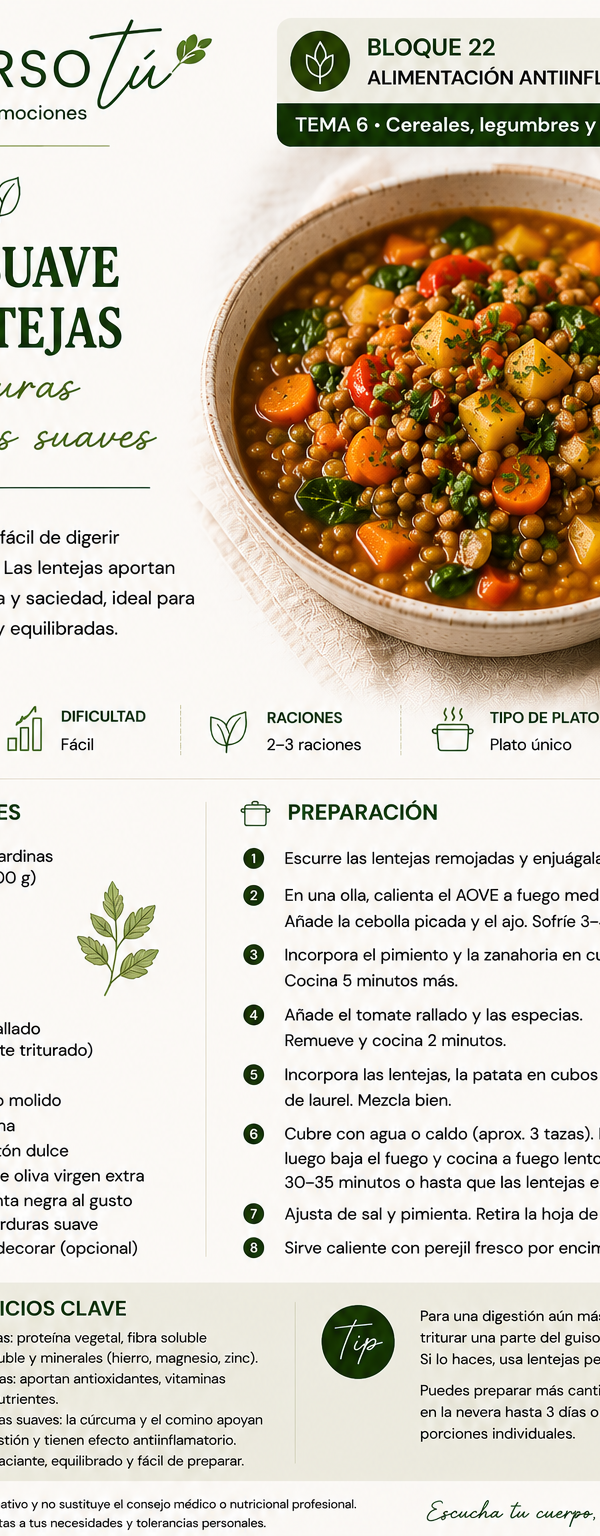 Guiso suave de lentejas con verduras y especias suaves 