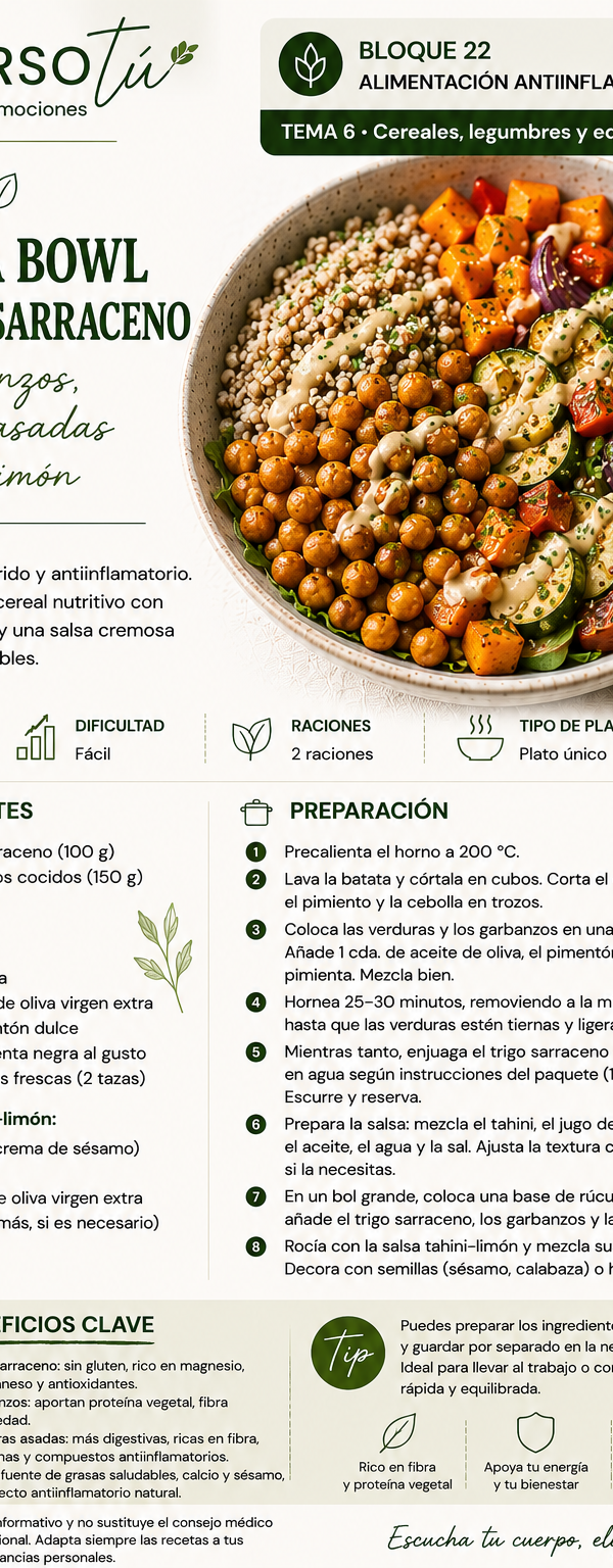 bol de trigo sarraceno, verduras asadas y tahini con limón