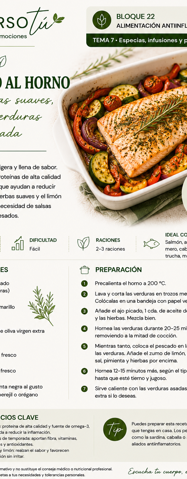 Pescado al horno con verduras de temporada y limón