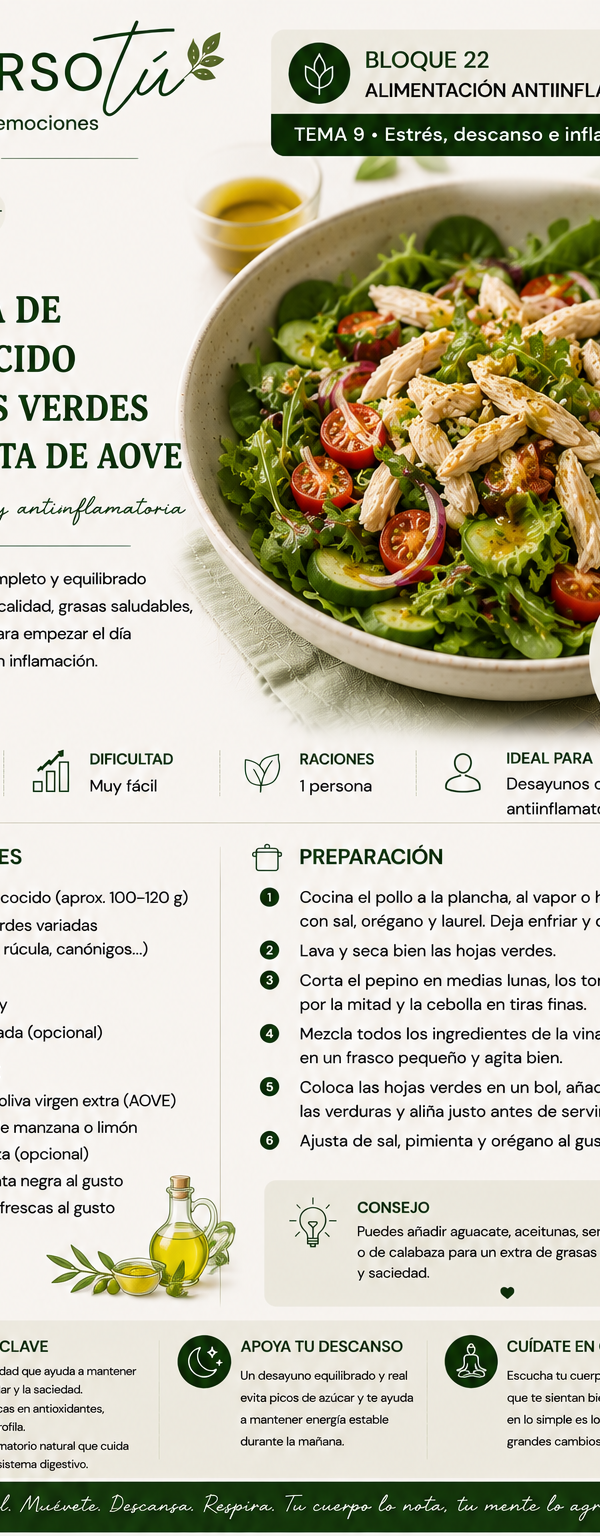 ensalada de pollo cocido , con brotes verdes y vinagreta de aove 