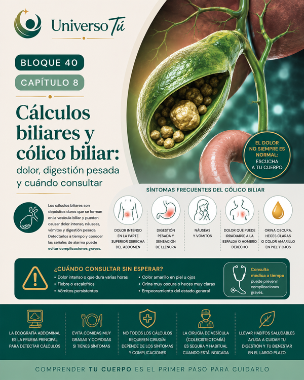 Cálculos biliares y cólico biliar: dolor, digestión pesada y cuándo consultar
